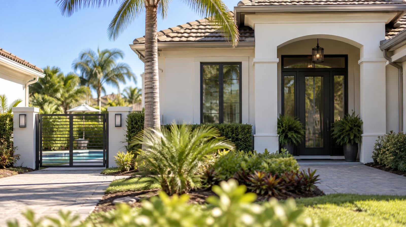 Modern single-story home with tile roof, landscaping, and a pool visible through a side gate.