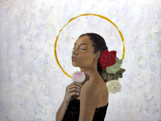 Acrylic painting of a woman in profile with a golden halo and roses in her hair.
