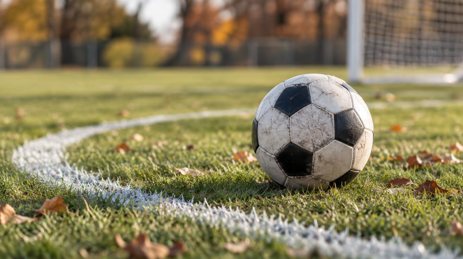 A soccer ball sitting on green grass near a white painted penalty arc.