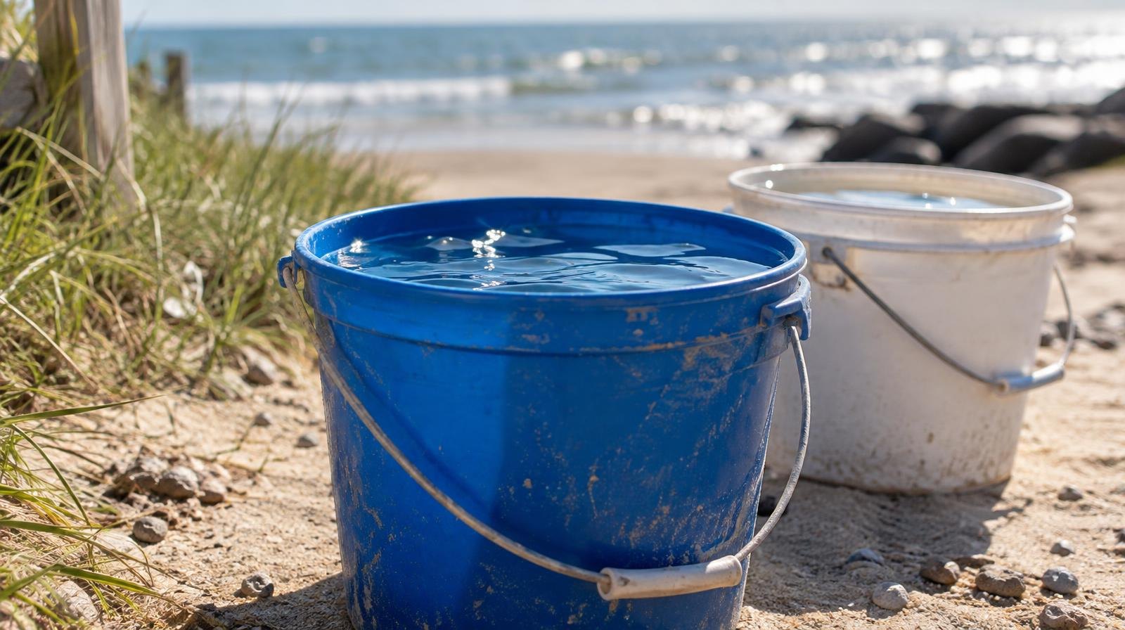 Two plastic buckets filled with water on a sandy outdoor path near a beach.