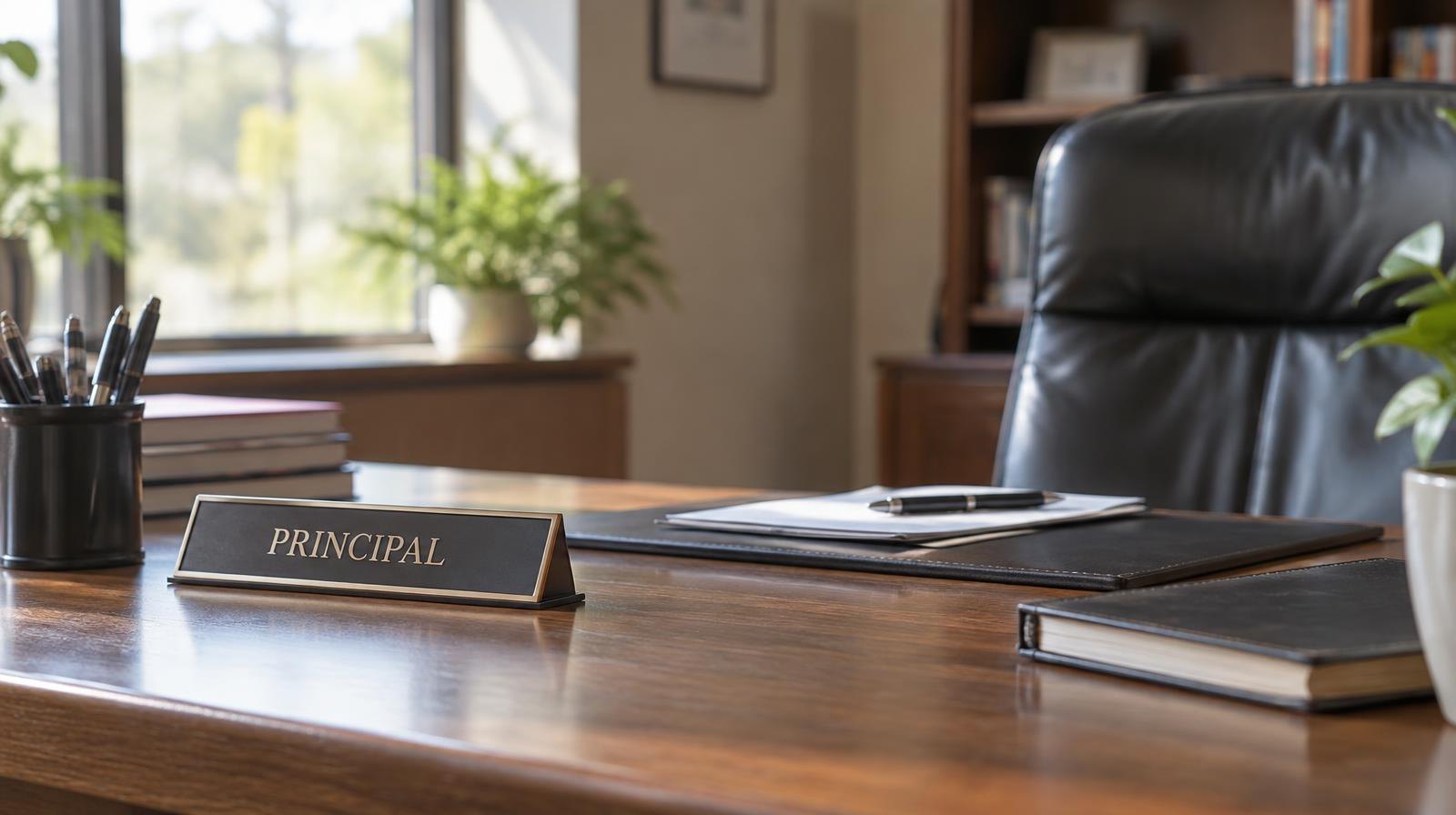 Empty school principal's office with a wooden desk, nameplate holder, and leather chair.