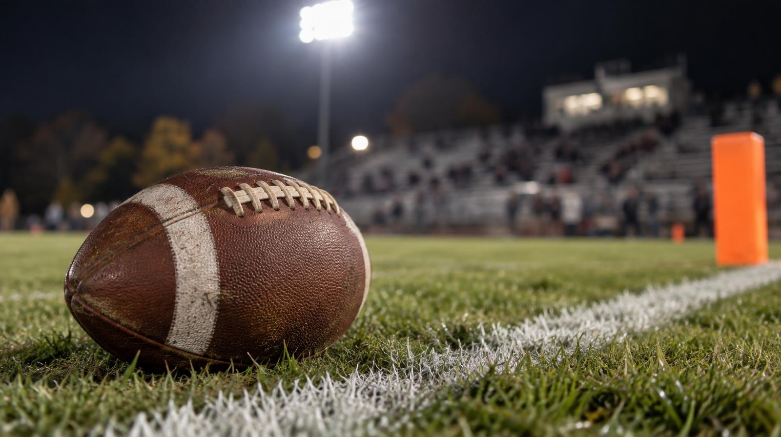 An American football on a grass field beside a yard line marker, stadium bleachers blurred behind it.
