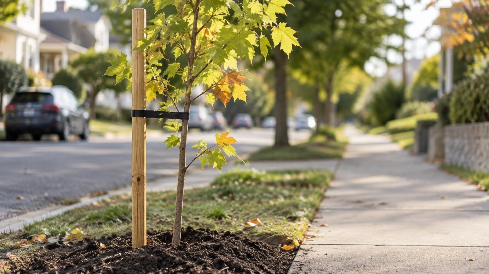 A young tree with a wooden stake planted in a sidewalk tree pit.