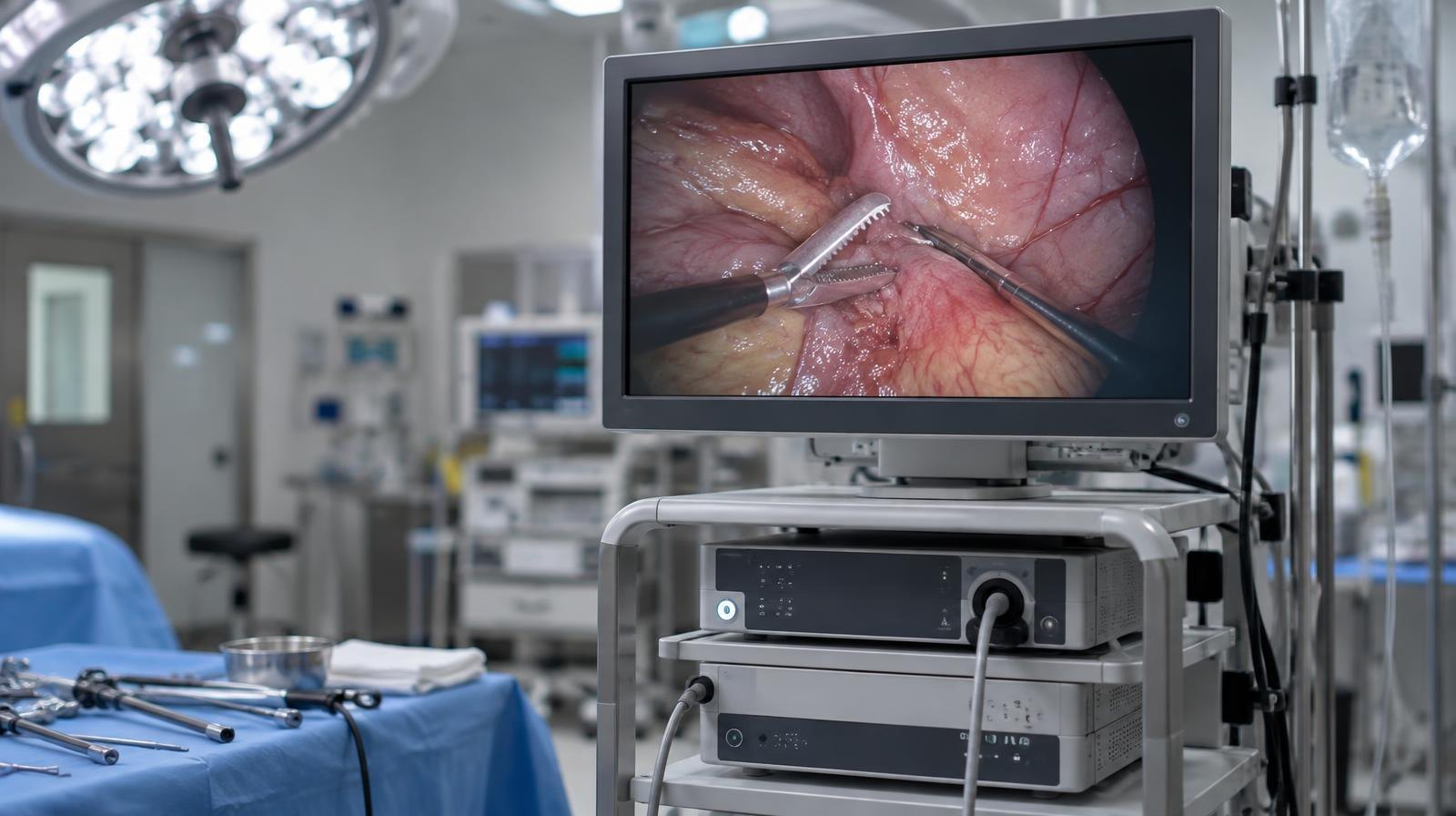A laparoscopic surgical tower on a wheeled cart under bright operating-room lights.
