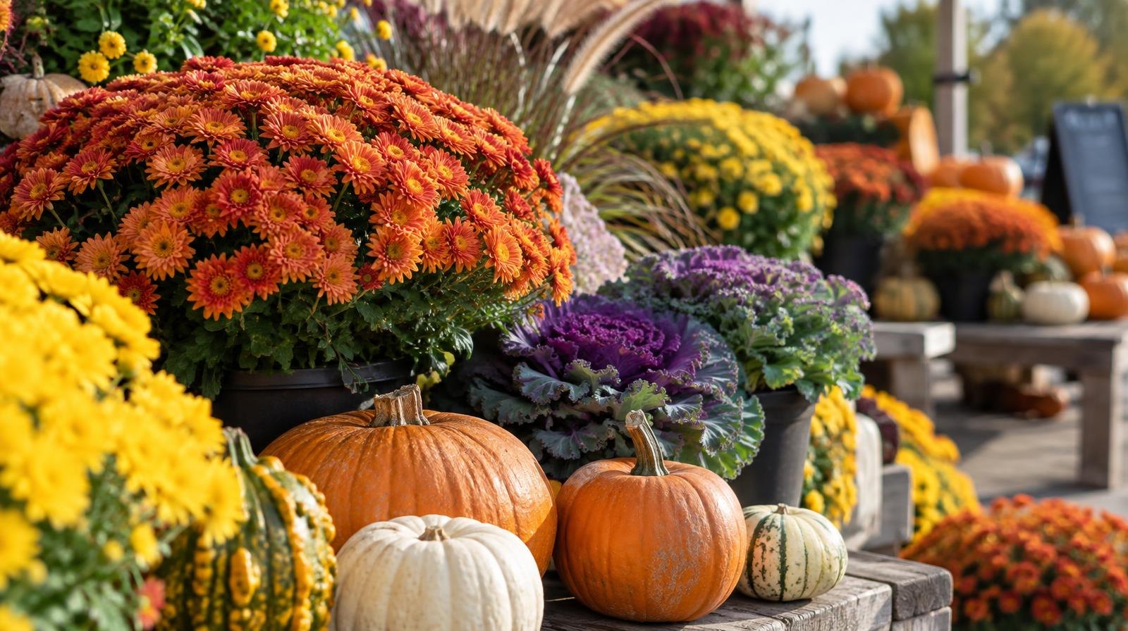 Colorful fall mums, pumpkins, and potted plants on outdoor display tables.