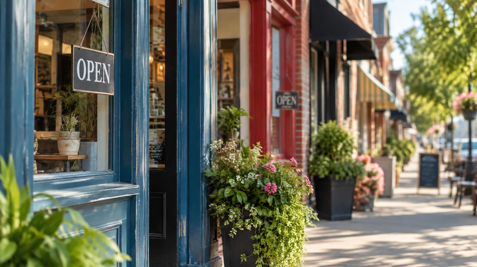Row of colorful storefront facades with open signs and potted plants by the doors.