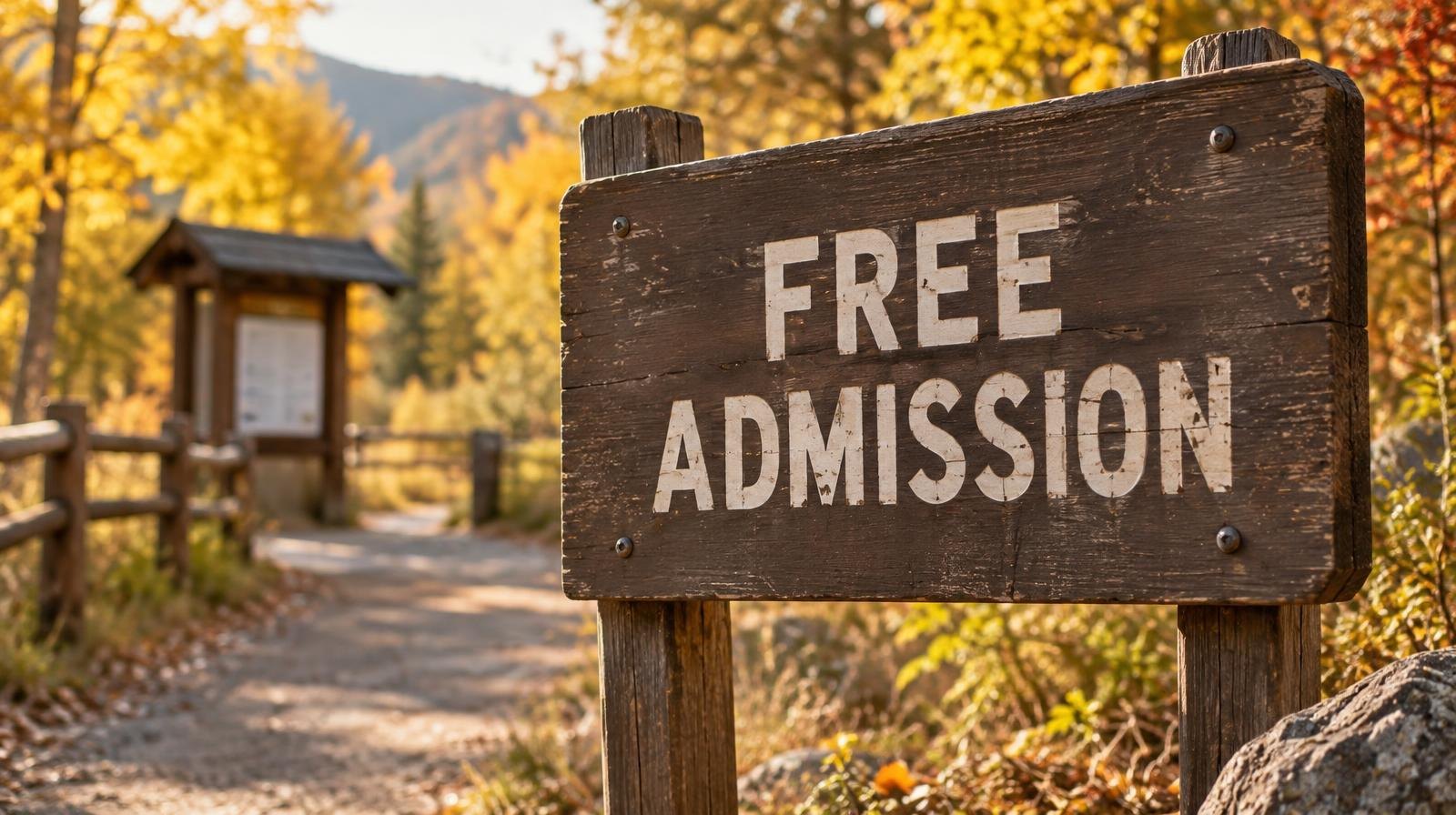 Wooden entrance sign at a forested national park trailhead in autumn.