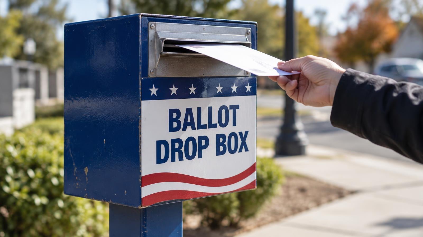 An official ballot drop box mounted on a post on a sunny sidewalk.