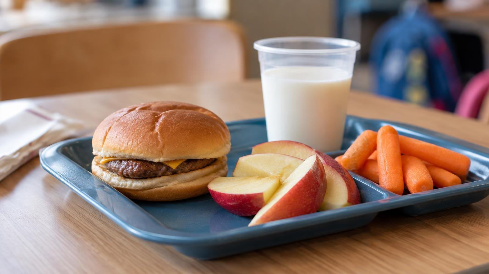 A tray with a small burger, apple slices, carrot sticks, and a cup of milk.