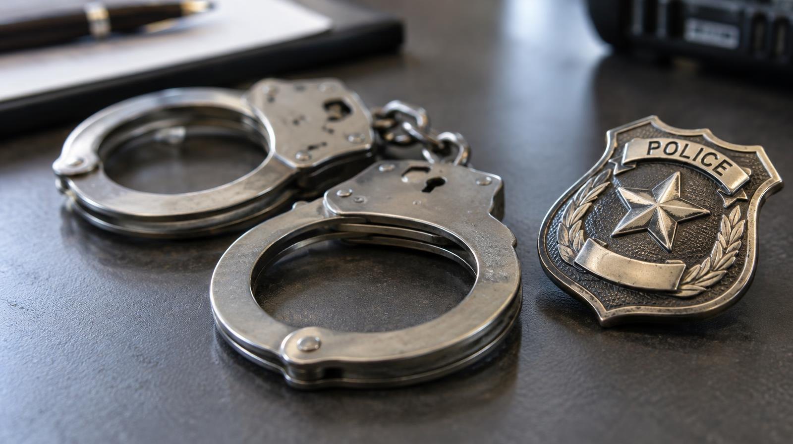 Police handcuffs and a badge resting on a flat surface.