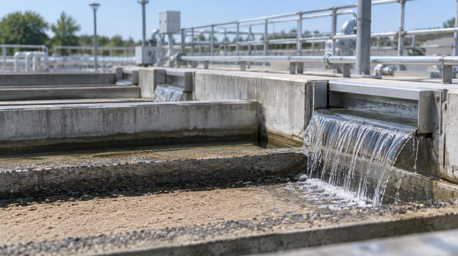 Rectangular concrete water treatment filter basins filled with sand and gravel media.