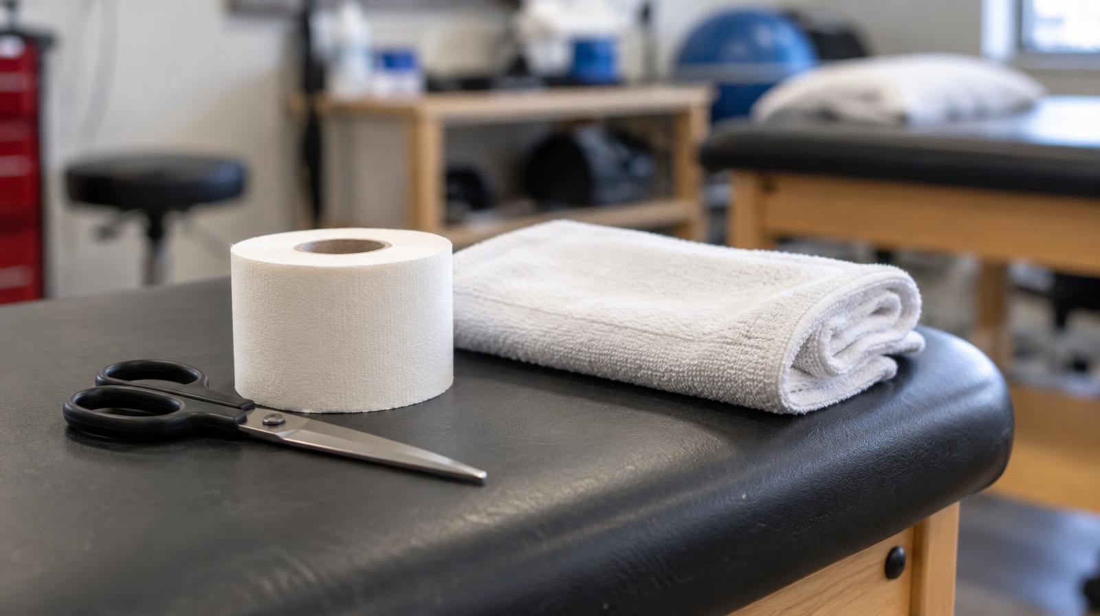 A roll of white athletic tape and scissors resting on a training table.
