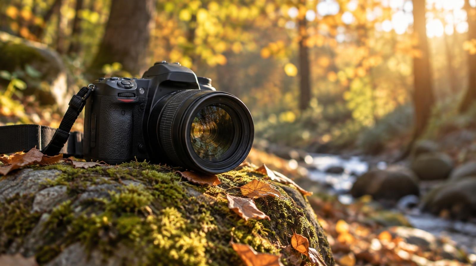 A camera sitting on a mossy rock with sunlight filtering through forest trees.