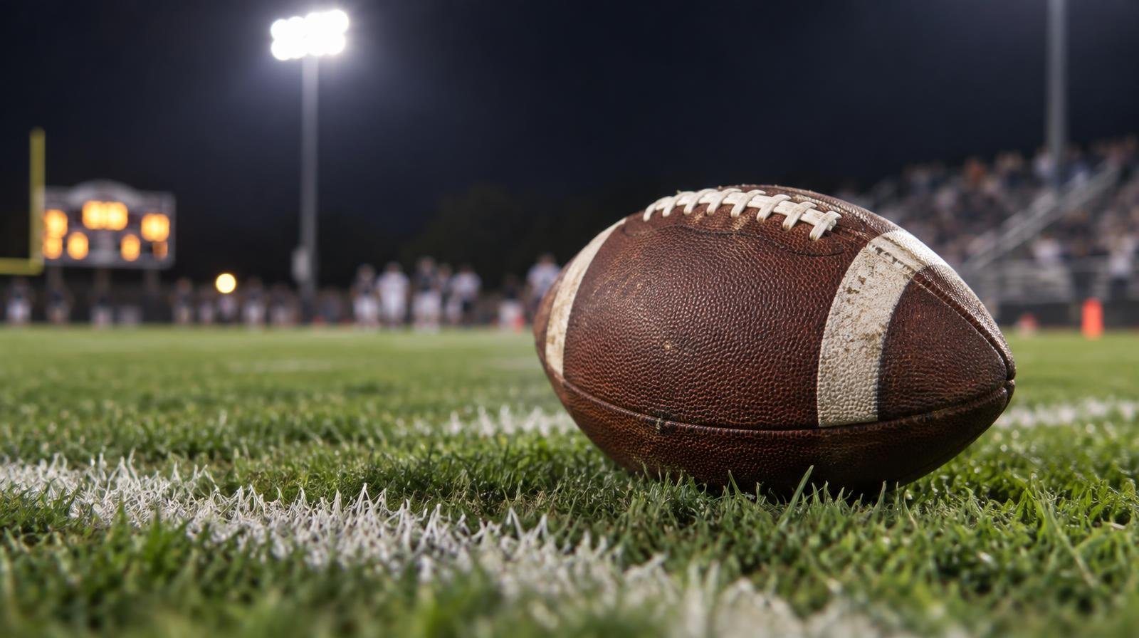 An American football resting on green grass beside a white painted yard line.