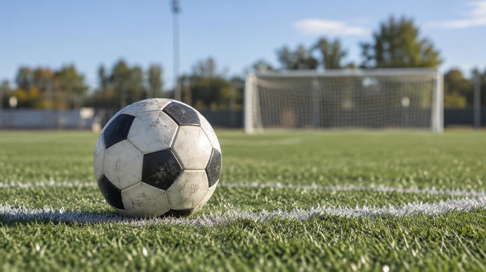A black-and-white soccer ball resting on the center circle of a green grass field.