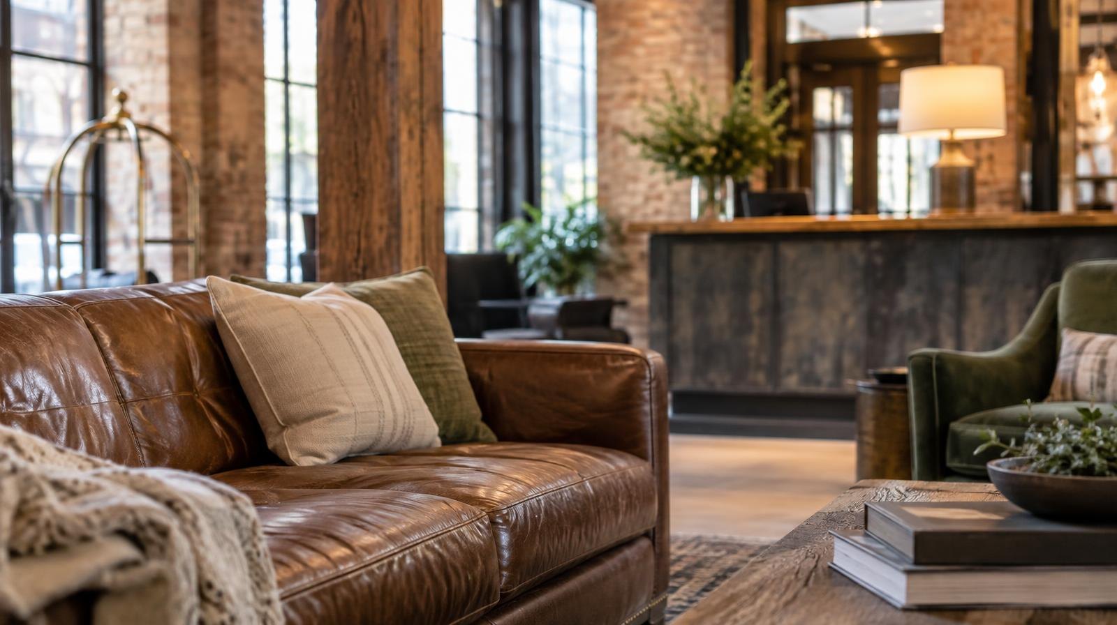 Hotel lobby interior with exposed brick walls, wooden beams, and modern seating.