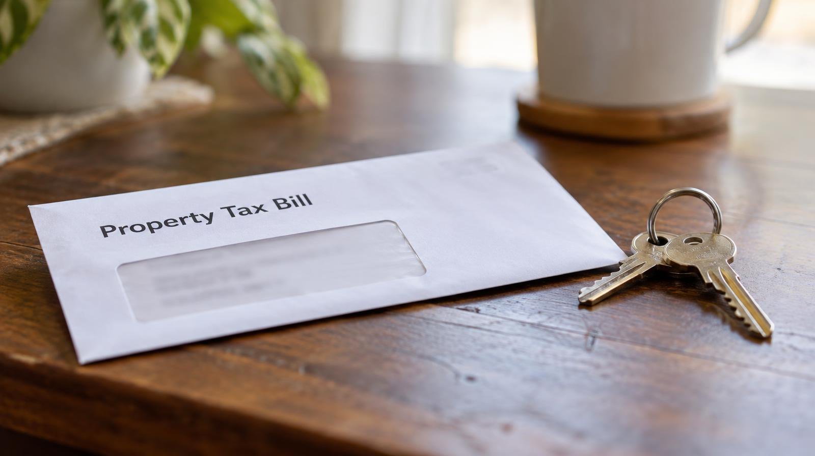 A mail envelope and house keys resting on a wooden table in natural light.