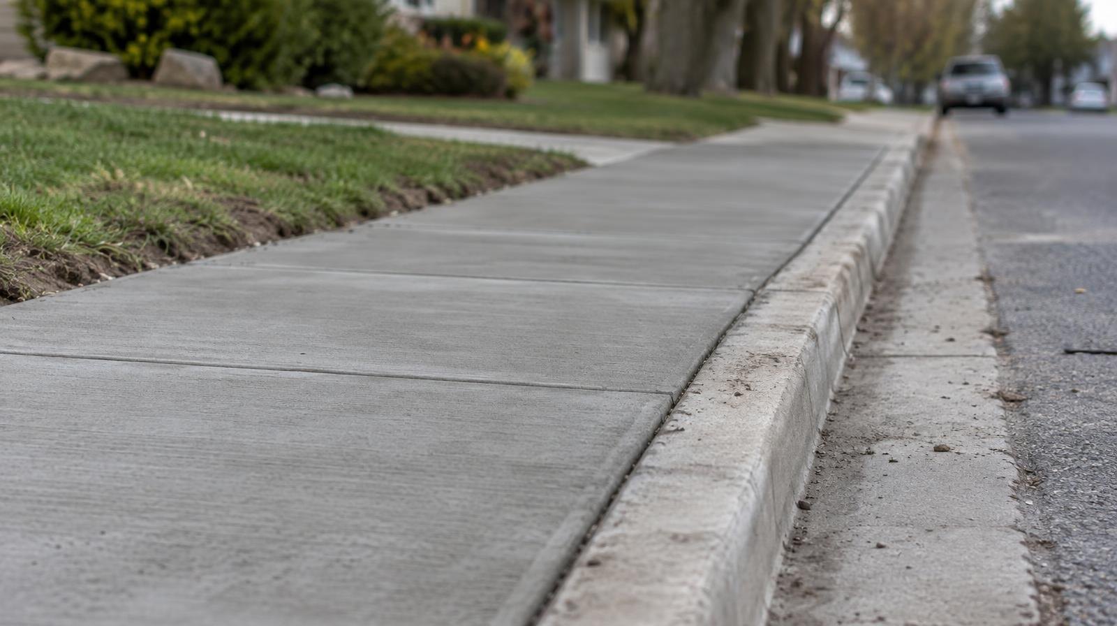 New concrete sidewalk along a residential street curb on an overcast day.