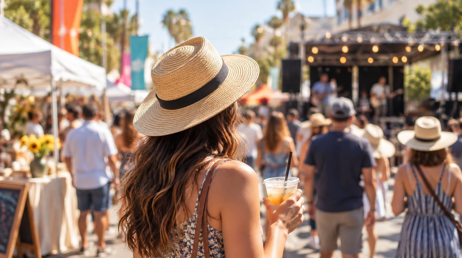 Outdoor street festival with a stage, vendor booths, and string lights on a sunny day.