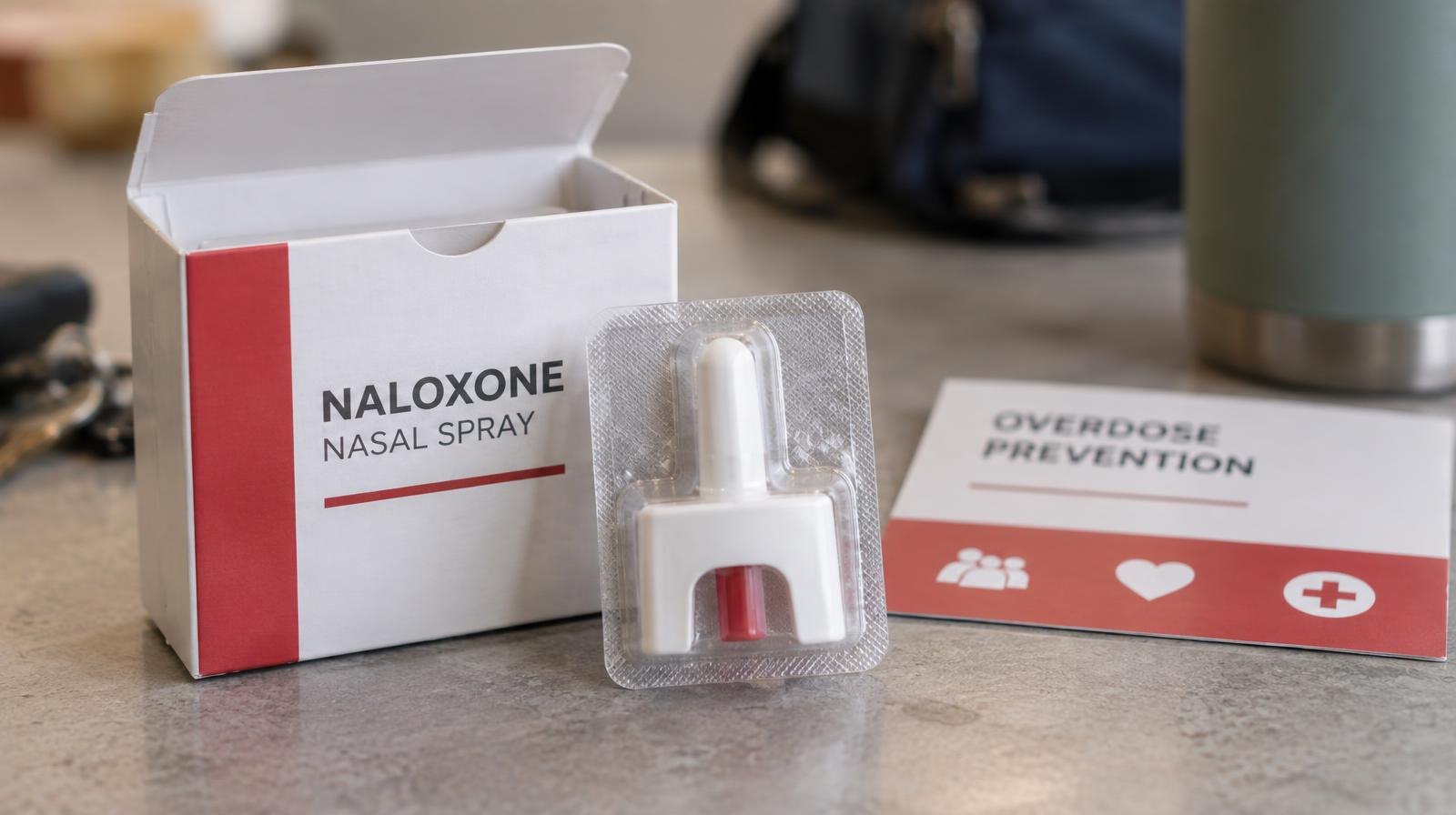 A naloxone nasal spray kit in its box on a flat surface.