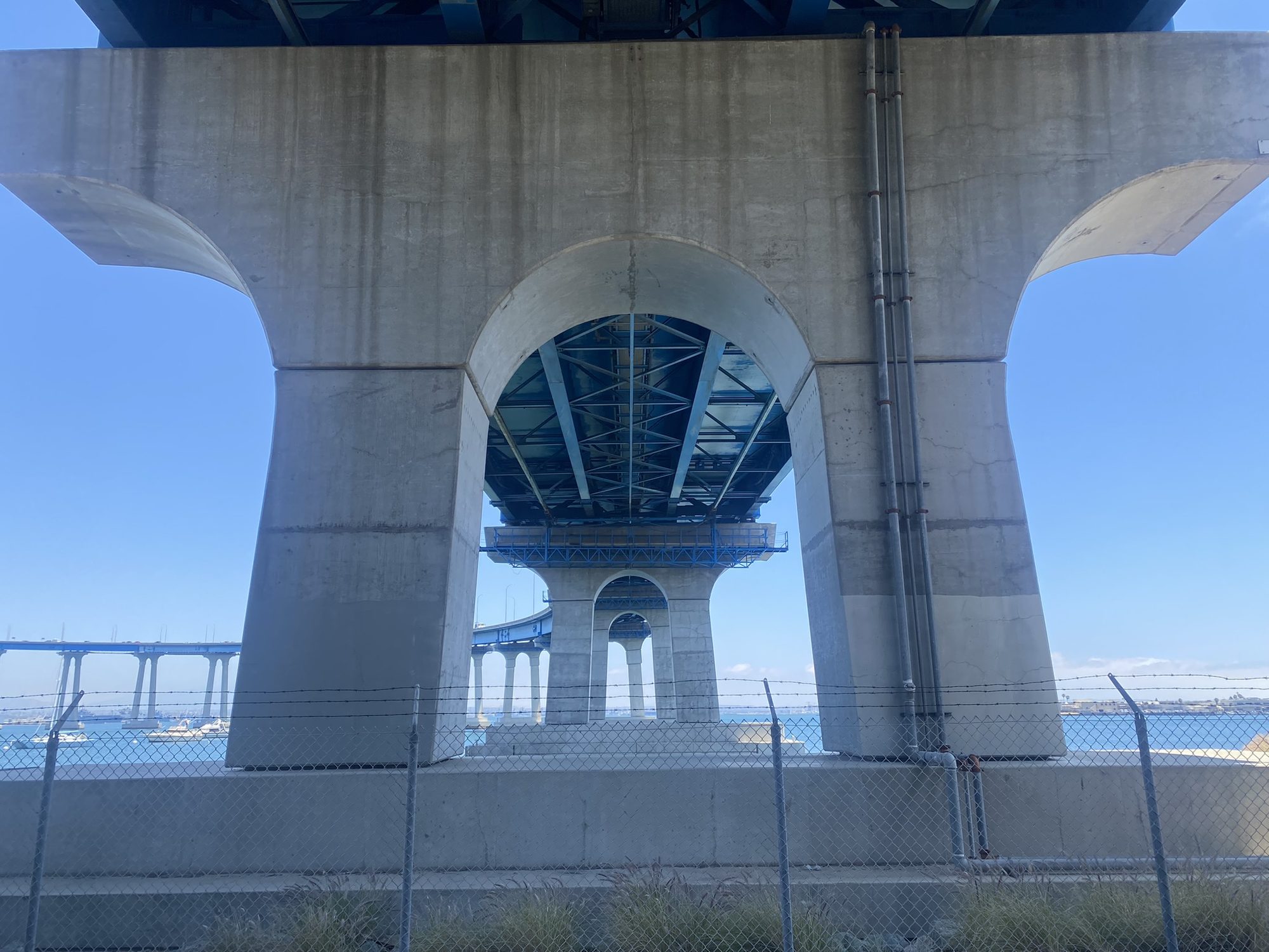 A view from underneath the Coronado bridge as seen from Coronado island in San Diego CA