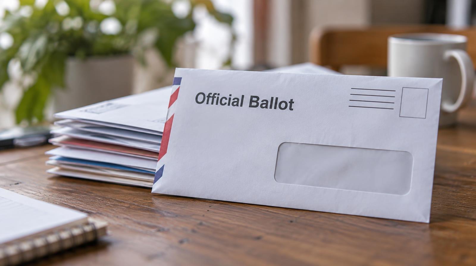 A mail-in ballot envelope resting beside a stack of envelopes on a wooden surface.