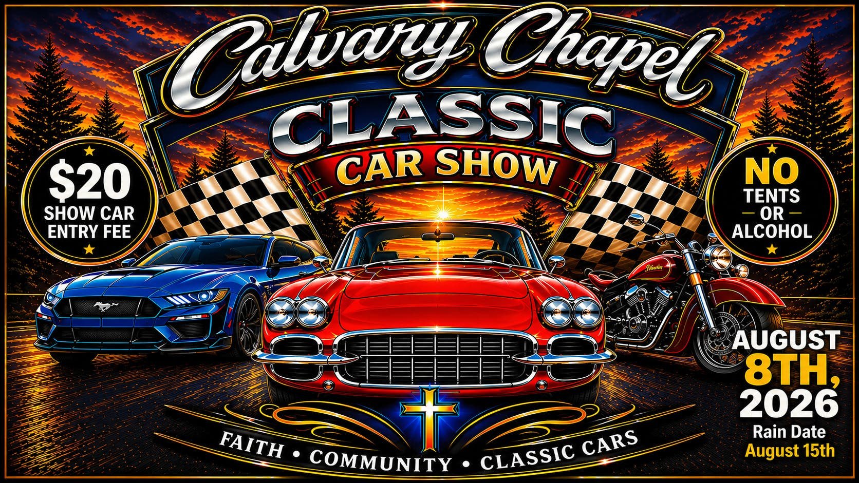 Promotional flyer showing illustrated classic cars and a motorcycle with event details.