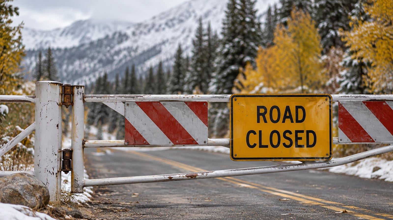 Closed gate across a mountain road with snow-dusted pine trees and autumn leaves.