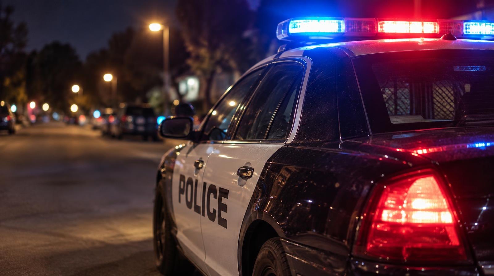 Police patrol car with red and blue emergency lights on at night.