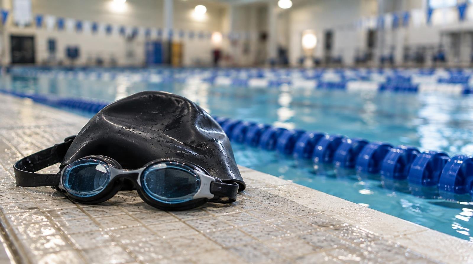 Swim goggles and a cap resting on the edge of a pool lane line with blue water behind.