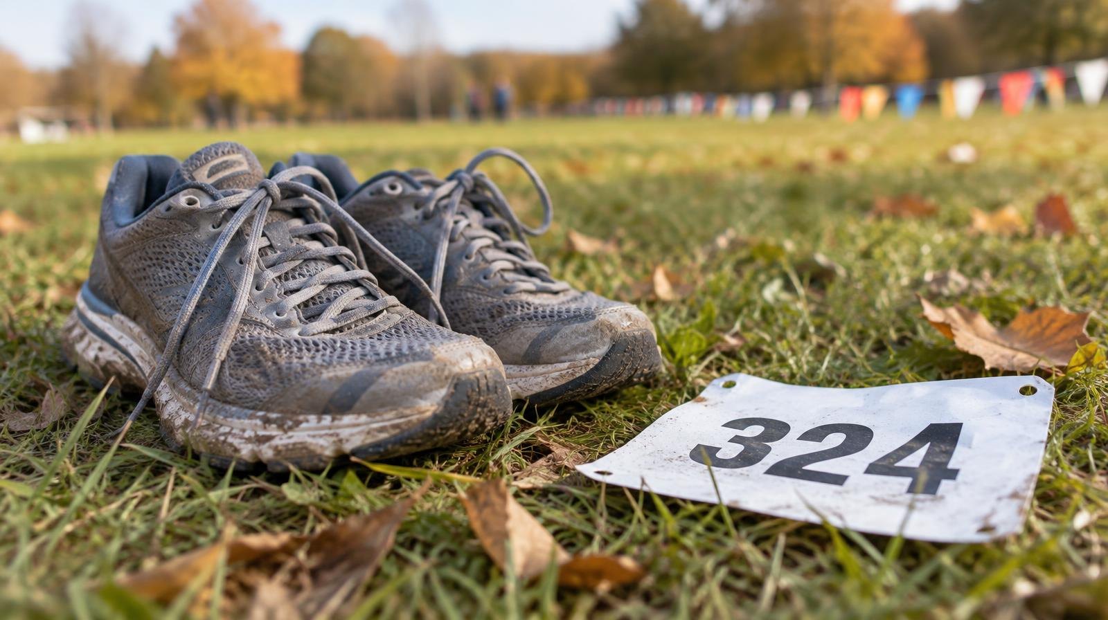 Worn running shoes and a race bib number resting on a grassy field.