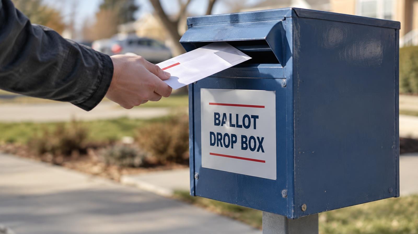 A ballot drop box on a post outdoors with an envelope being deposited.
