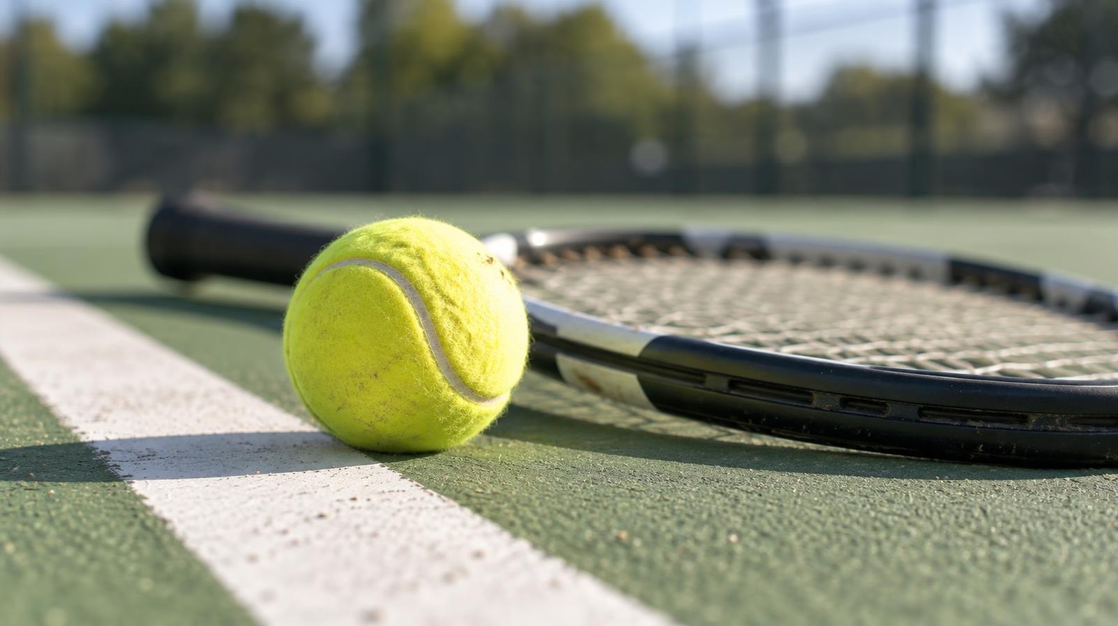 A yellow tennis ball and racket lying on a green hard court beside a white baseline.