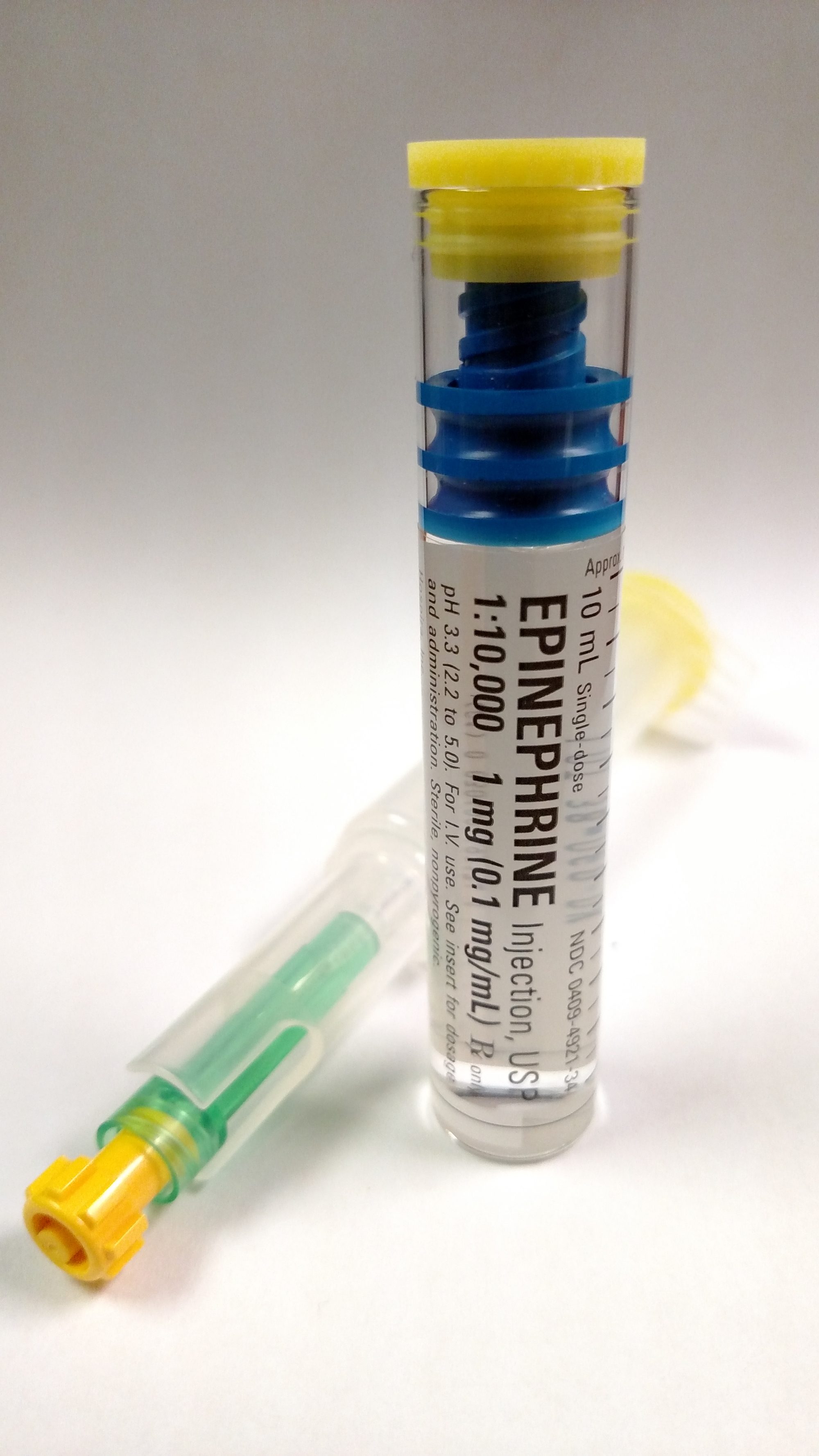 Pre-filled syringe of epinephrine 1:10,000 preparation, single dose vial for intravenous administration.