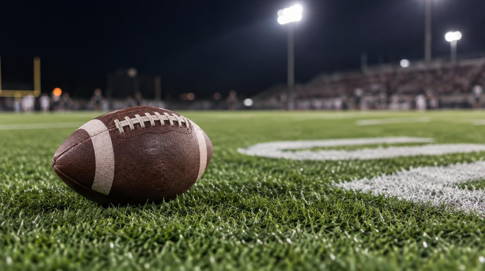An American football resting on a green grass field beside a painted white yard line.