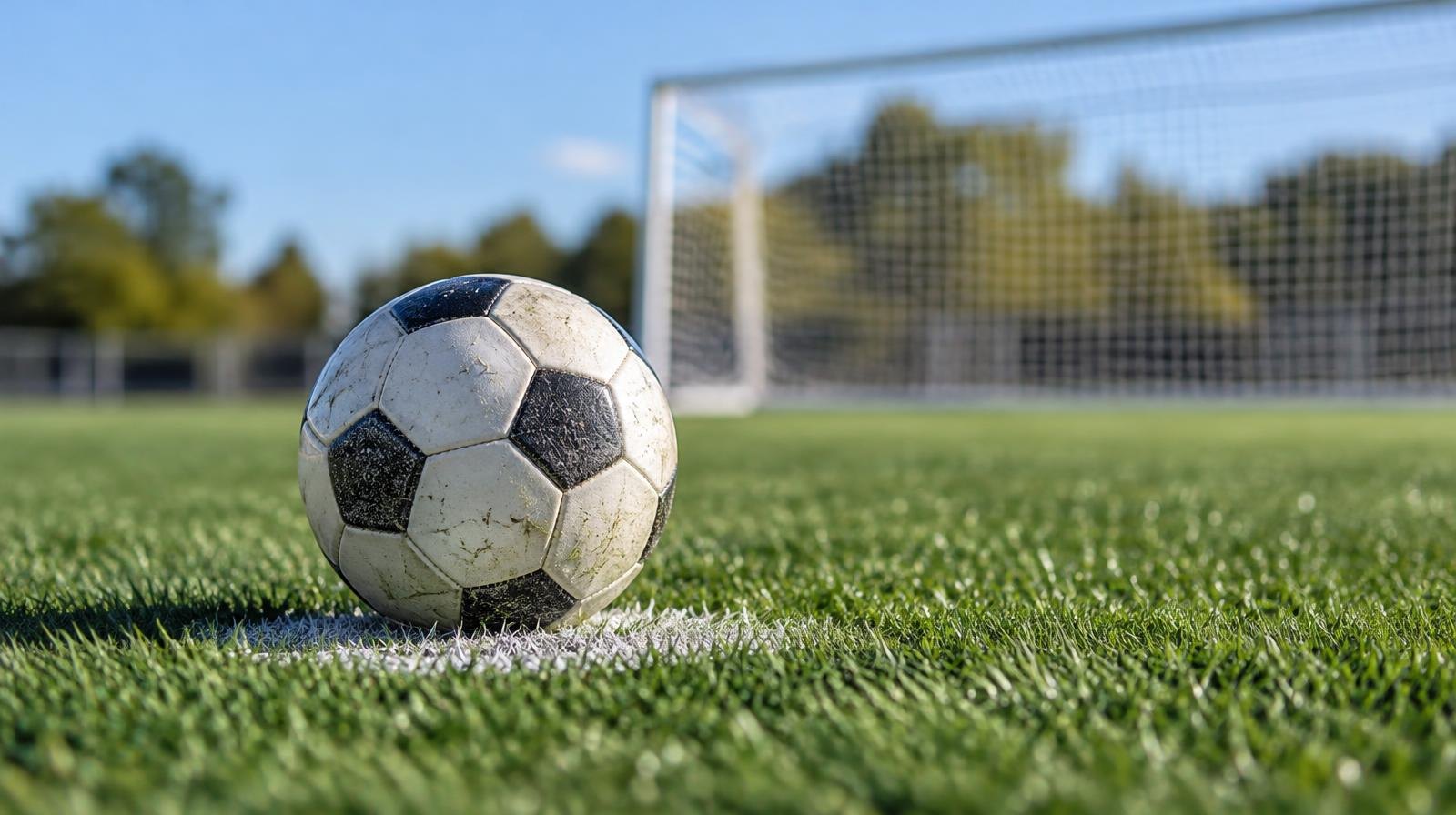 A white soccer ball on a green grass field in front of a goal net.