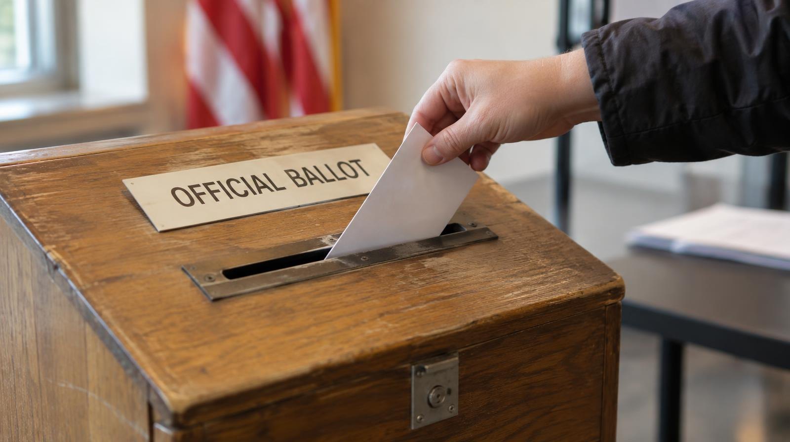 A wooden ballot drop box with a slot for depositing ballots.