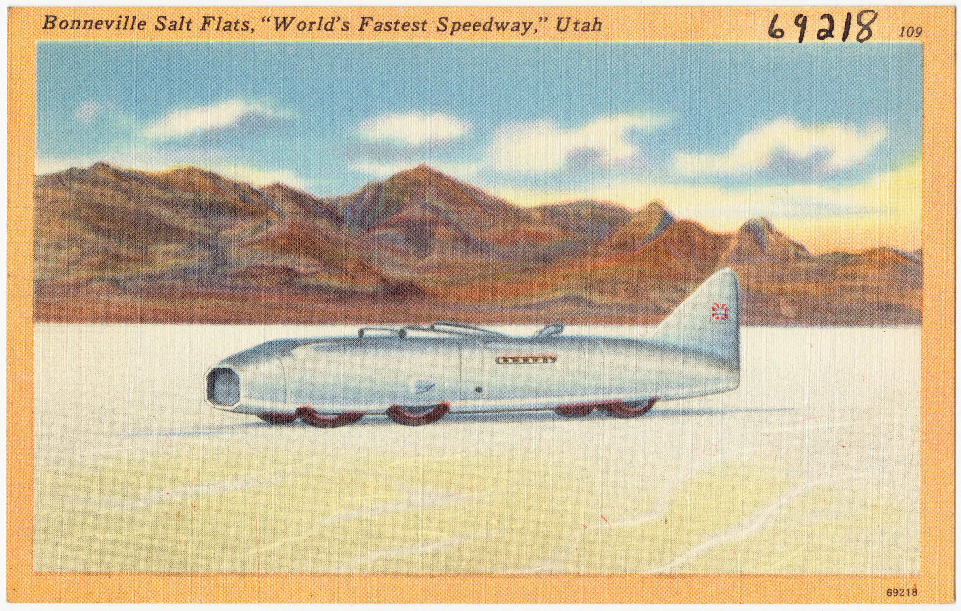 Vintage postcard showing a streamlined vehicle on a flat salt surface with mountains in the background.