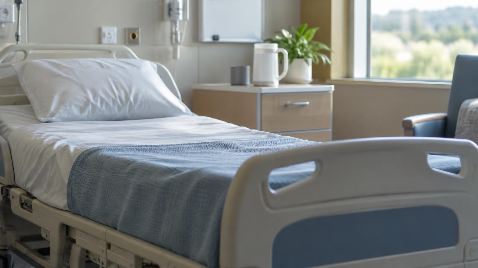 Empty hospital bed in a bright, clean patient room.