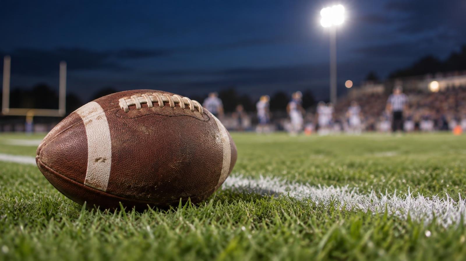An American football resting on green grass near a white yard line under stadium lights.