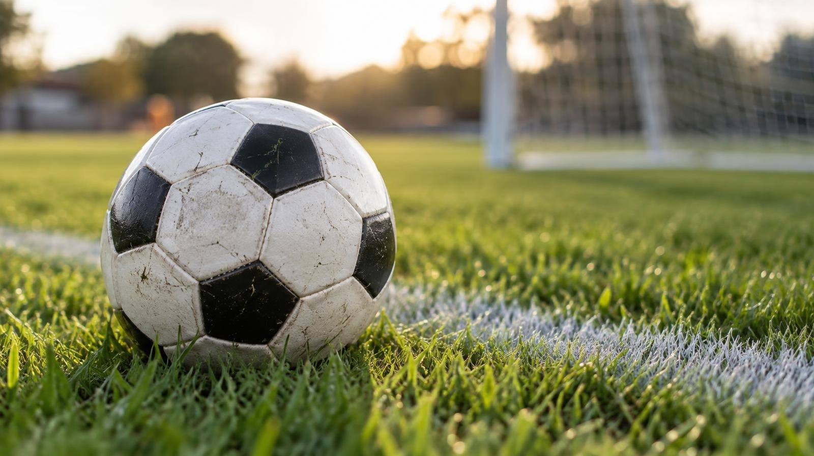 A black-and-white soccer ball on a green grass field near a white line.