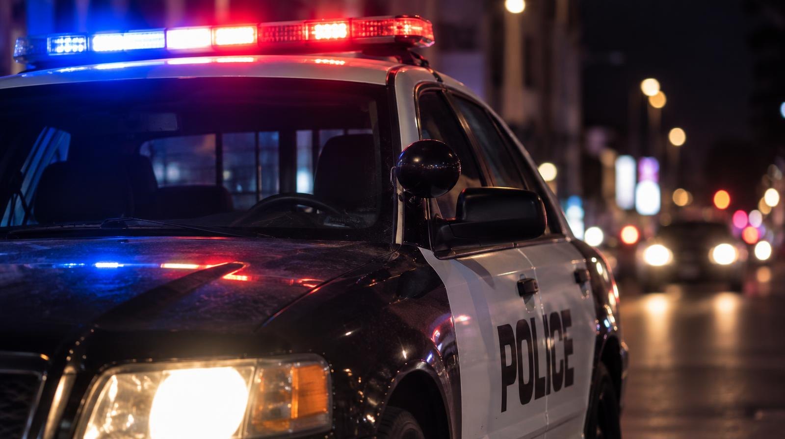 A police patrol car with red and blue emergency lights on, parked on a dark street at night.