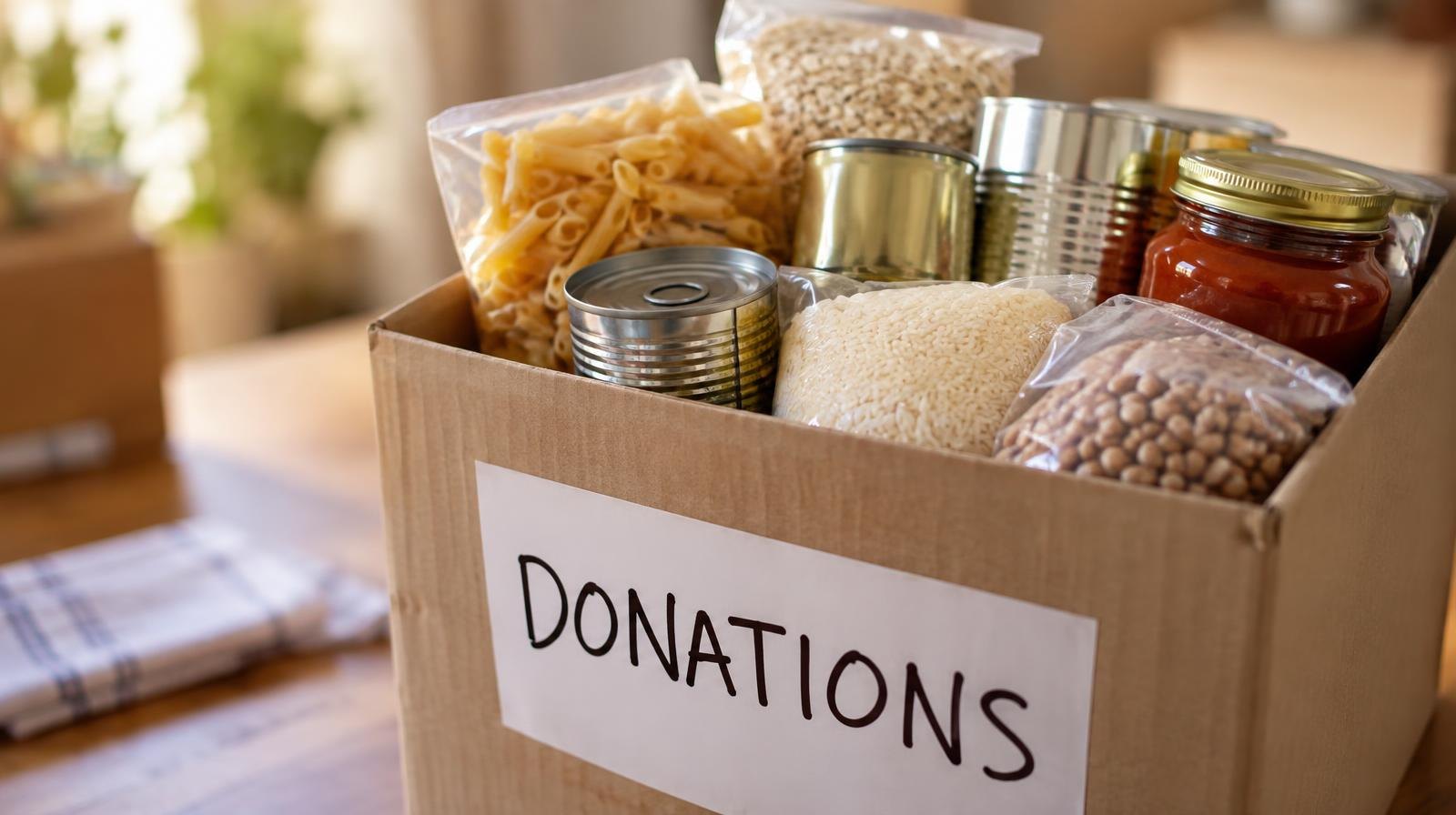 A cardboard box filled with assorted canned goods and nonperishable food items.