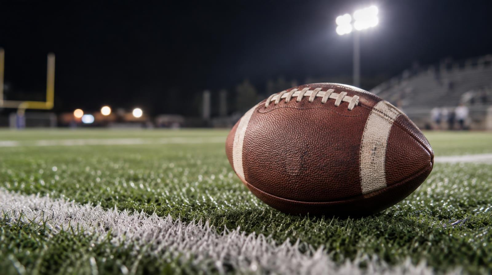 An American football resting on green turf near a white yard line under stadium lights.
