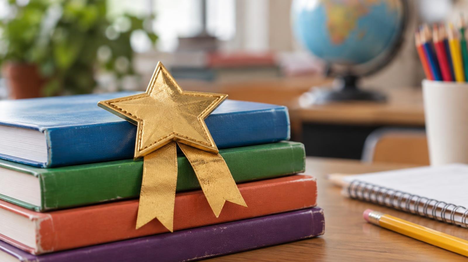 Gold star ribbon on a stack of colorful textbooks on a wooden desk.