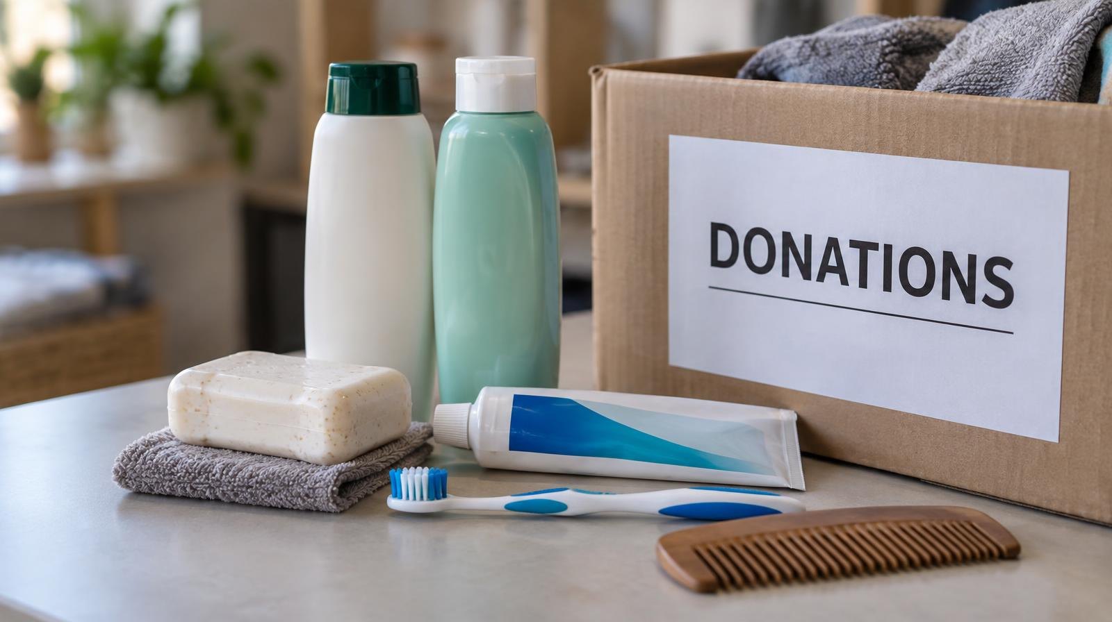 Toiletries including toothbrush, toothpaste, shampoo, soap, and comb arranged beside a donation box.