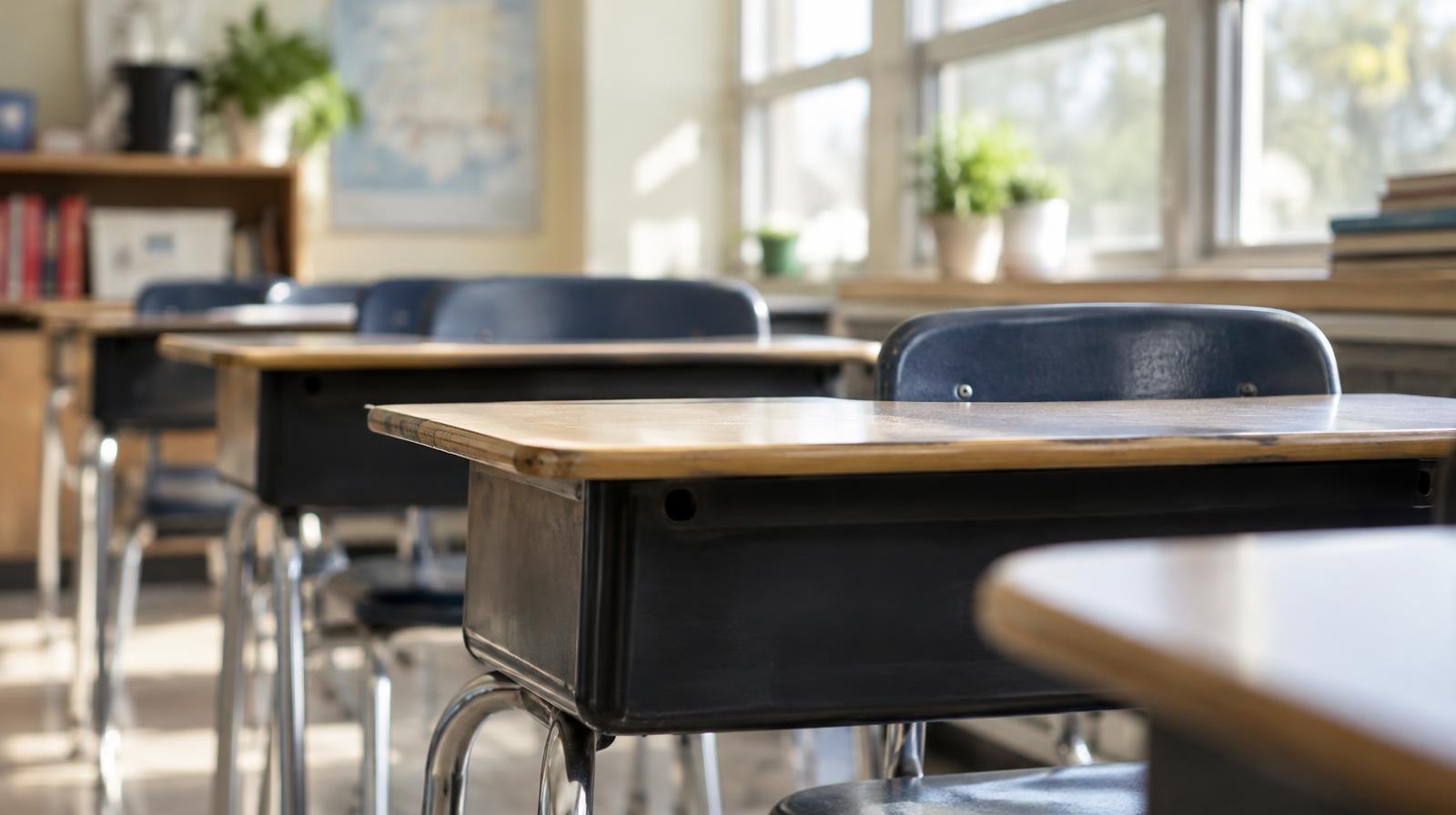 Row of empty student desks and chairs in a sunlit school classroom.