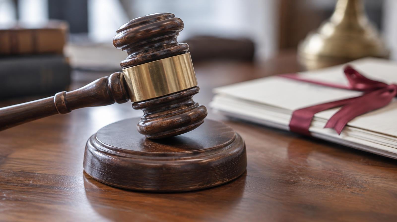 Wooden gavel on its sound block next to a folded document on a polished surface.