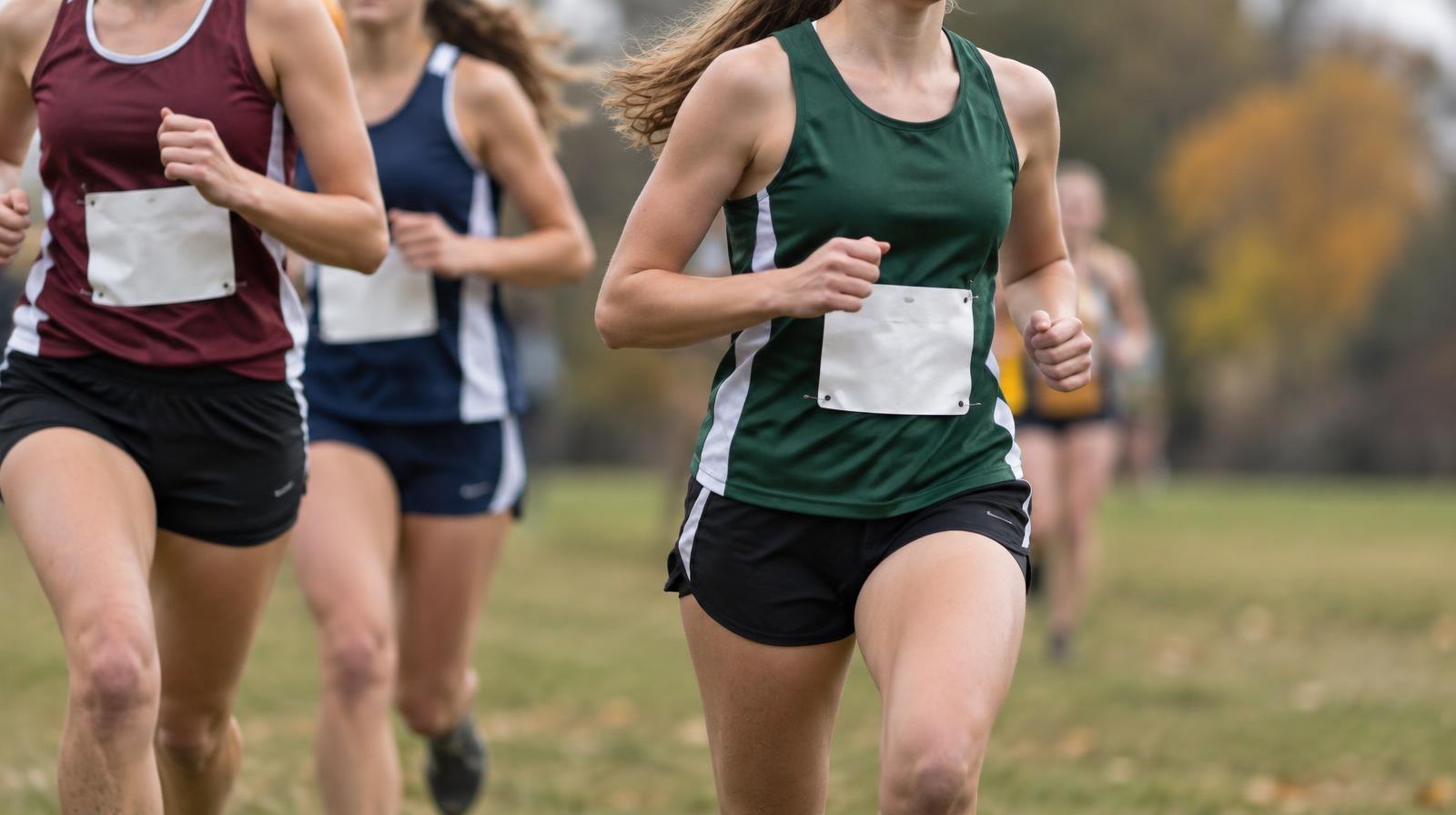 Female runners in a tight pack race across an open grass course on an overcast autumn day.