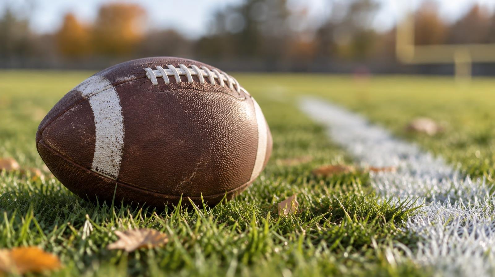 An American football resting on green grass beside a white painted yard line.